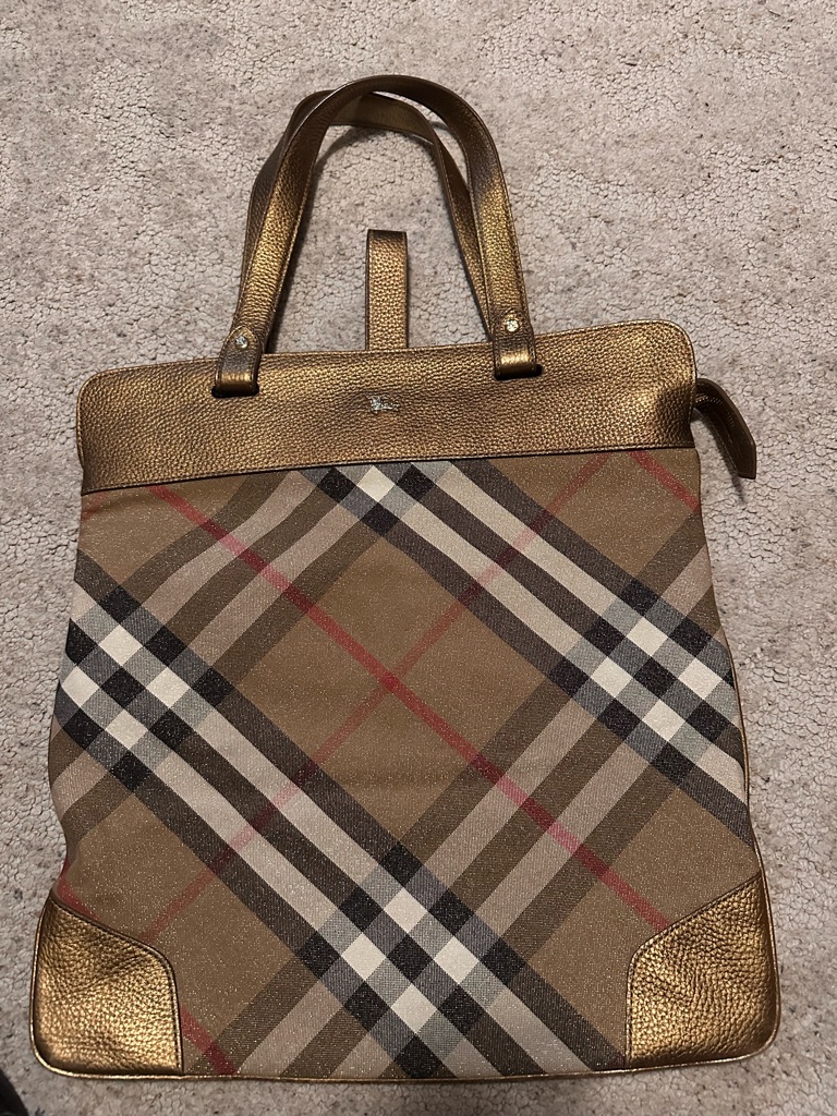 Vintage Plaid Authentic Burberry Tote With Metallic Gold Trim